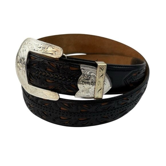 *Montana Silversmiths Tony Lama Tooled Leather Western Belt Mens 40 Black Brown - Picture 7 of 16